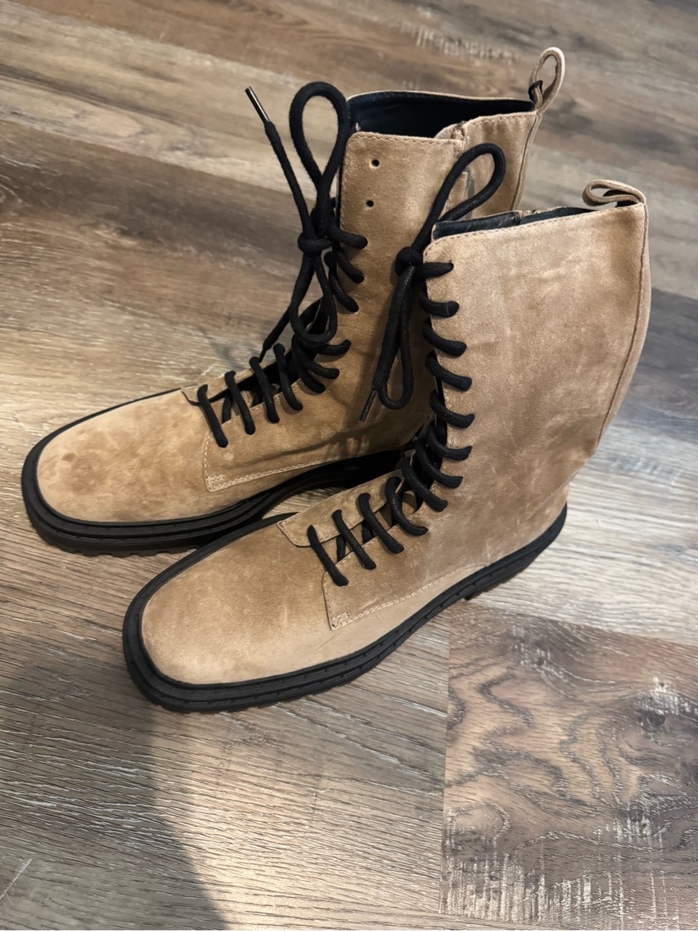 Massimo Dutti Tan Suede Lace-Up Wedge Combat Boots